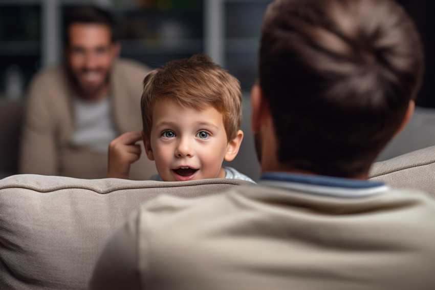 A photo of a father sitting on a couch with his preschool son ta A photo of a father sitting on a couch with his preschool son ta