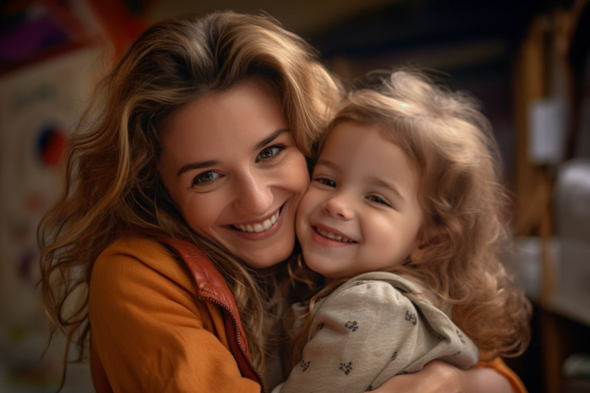 A photo of a loving young woman hugging her little preschool dau A photo of a loving young woman hugging her little preschool dau