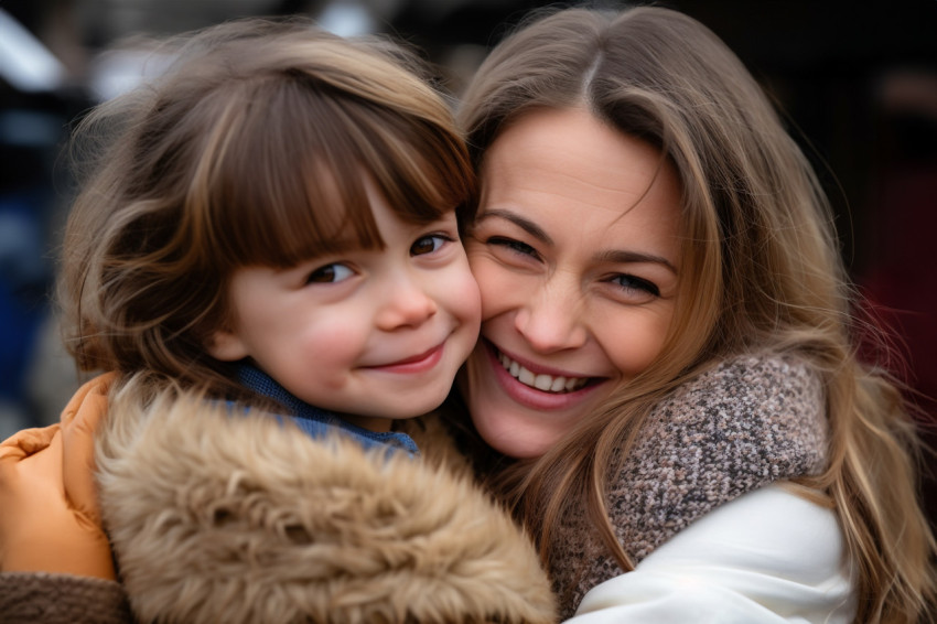 A photo of a loving young woman hugging her little preschool dau A photo of a loving young woman hugging her little preschool dau