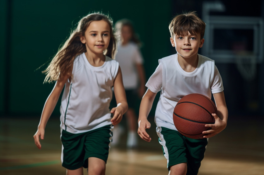 A picture of a boy and girl basketball players in their uniforms A picture of a boy and girl basketball players in their uniforms