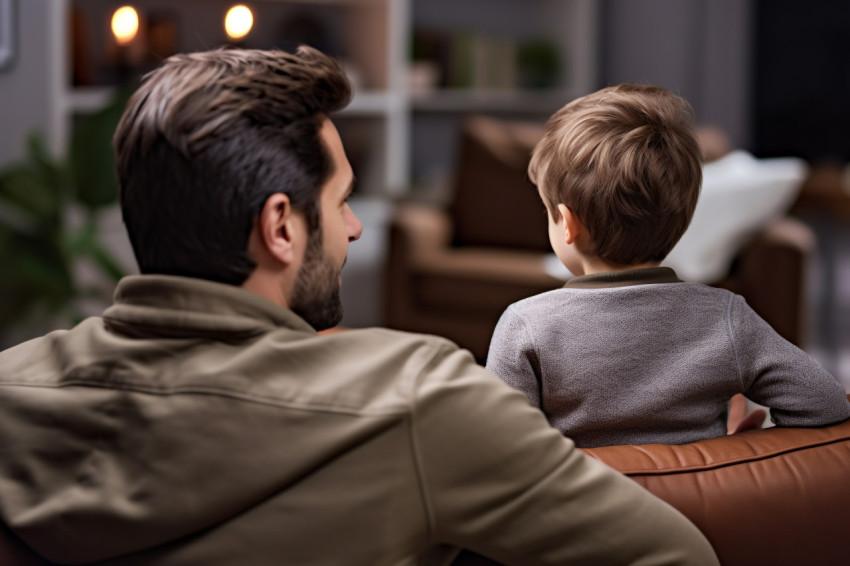A photo of a father sitting on a couch with his preschool son ta A photo of a father sitting on a couch with his preschool son ta