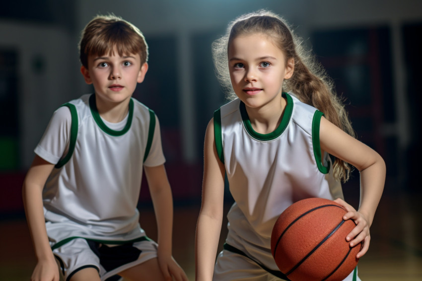 A picture of a boy and girl basketball players in their uniforms A picture of a boy and girl basketball players in their uniforms