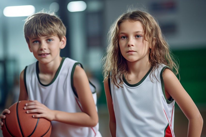 A picture of a boy and girl basketball players in their uniforms A picture of a boy and girl basketball players in their uniforms