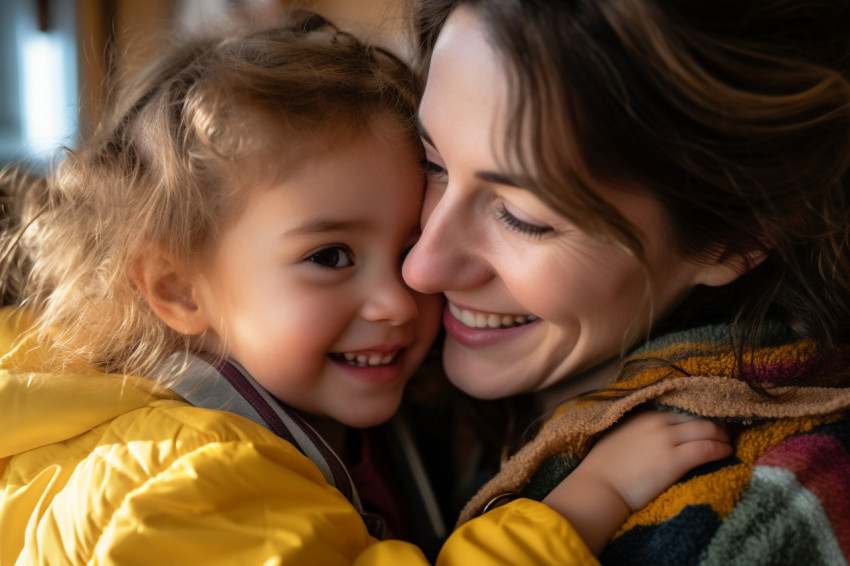 A photo of a loving young woman hugging her little preschool dau A photo of a loving young woman hugging her little preschool dau