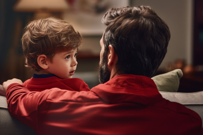A photo of a father sitting on a couch with his preschool son ta A photo of a father sitting on a couch with his preschool son ta