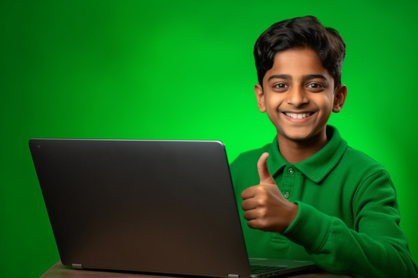 A picture of a young Indian boy holding a laptop with a blank gr A picture of a young Indian boy holding a laptop with a blank gr