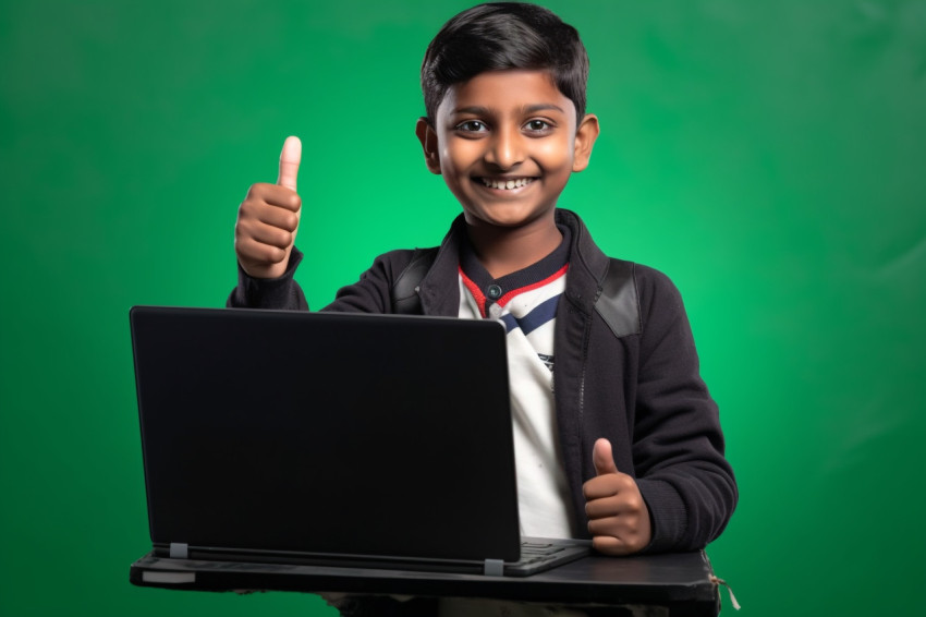 A picture of a young Indian boy holding a laptop with a blank gr A picture of a young Indian boy holding a laptop with a blank gr