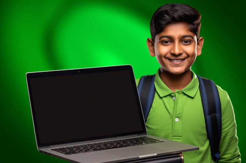 A picture of a young Indian boy holding a laptop with a blank gr A picture of a young Indian boy holding a laptop with a blank gr