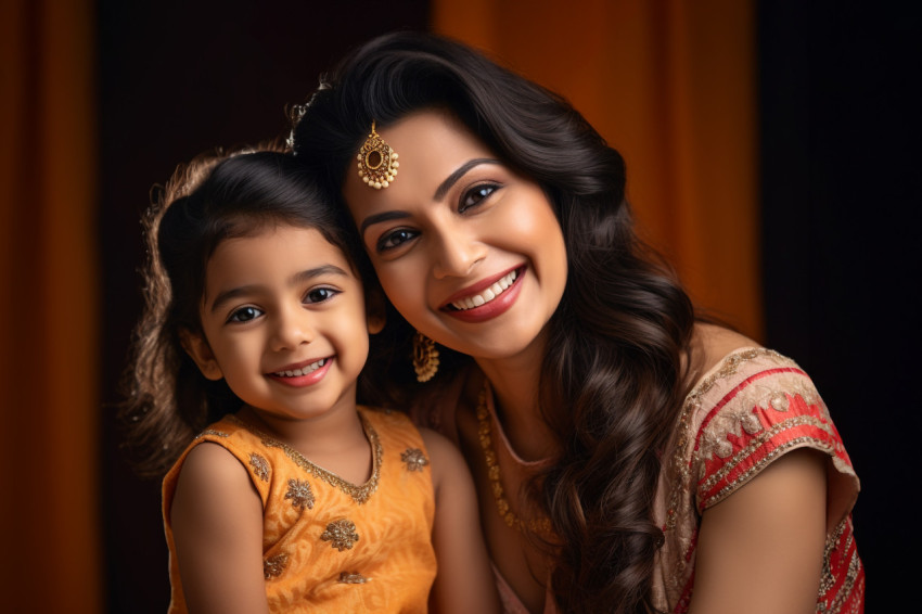 A photo of a happy and beautiful young Indian mother and her cut A photo of a happy and beautiful young Indian mother and her cut