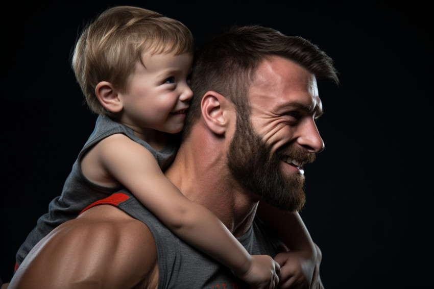 A photo of a young boy sitting on his fathers shoulders flexing A photo of a young boy sitting on his fathers shoulders flexing