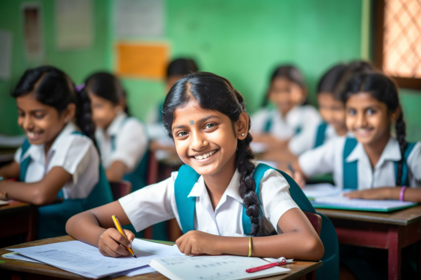 A photo of a happy Indian elementary school girl sitting at a de A photo of a happy Indian elementary school girl sitting at a de