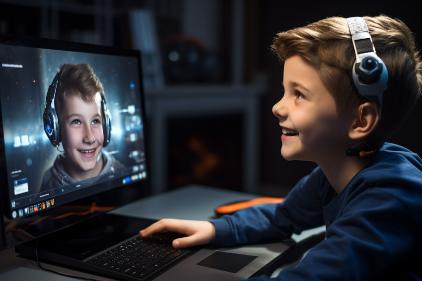 A photo of a child talking to their teacher during online class A photo of a child talking to their teacher during online class