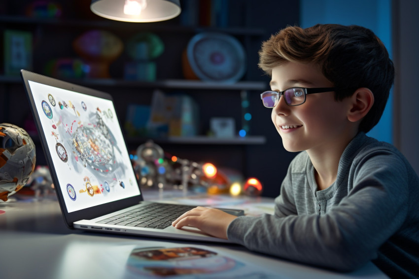 A photo of a child talking to their teacher during online class A photo of a child talking to their teacher during online class