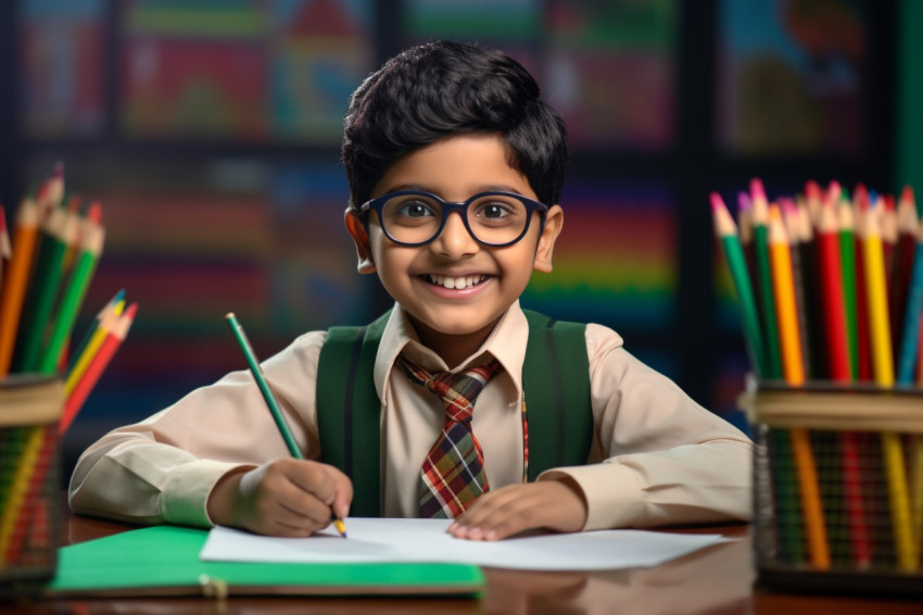A picture of a happy Indian school child at their desk in a clas A picture of a happy Indian school child at their desk in a clas