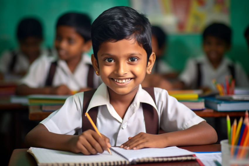 A picture of a happy Indian school child at their desk in a clas A picture of a happy Indian school child at their desk in a clas