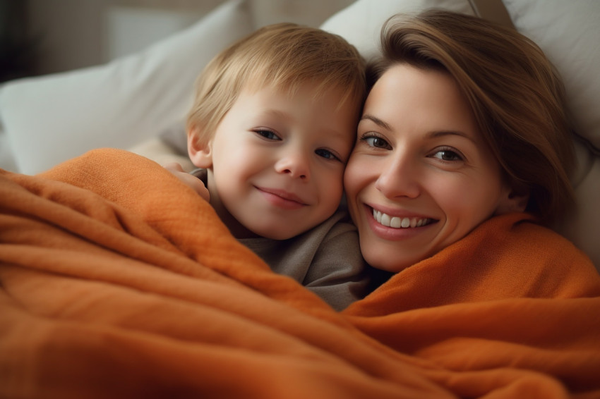 A picture of a mother and her son cuddling under an orange blank A picture of a mother and her son cuddling under an orange blank