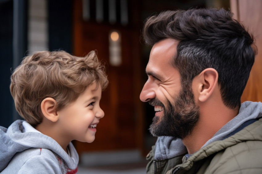 A picture of a handsome dad and his sweet son facing each other