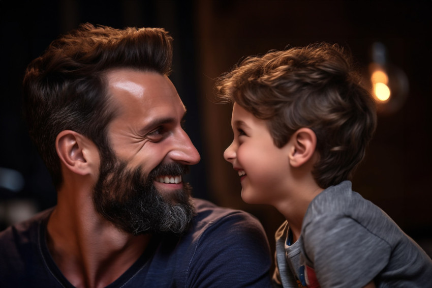 A picture of a handsome dad and his sweet son facing each other A picture of a handsome dad and his sweet son facing each other