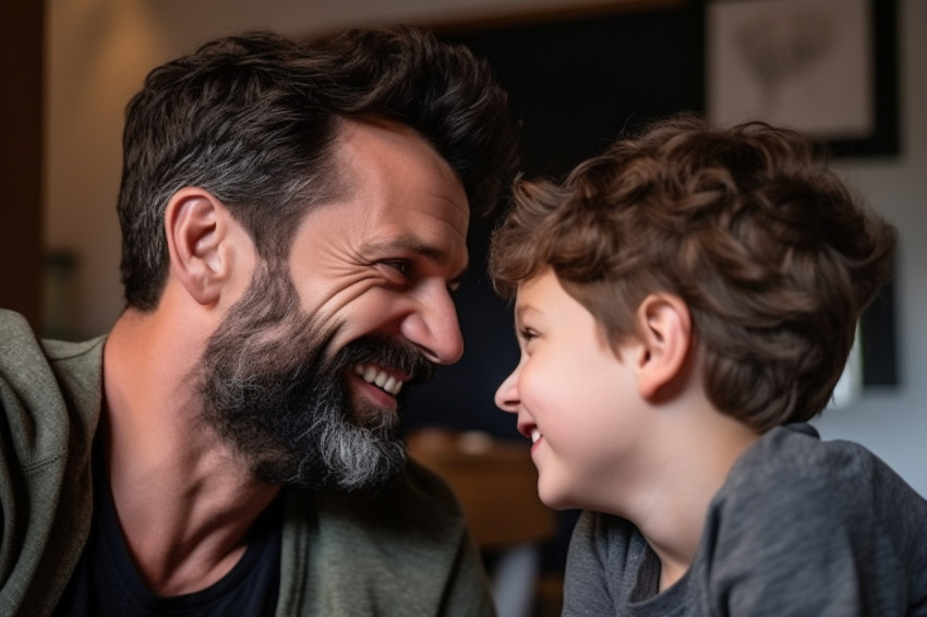 A picture of a handsome dad and his sweet son facing each other A picture of a handsome dad and his sweet son facing each other