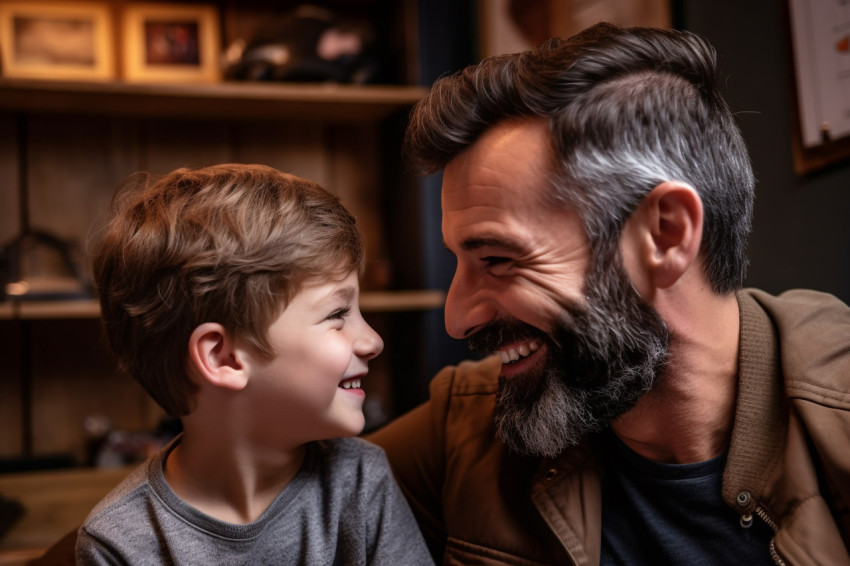A picture of a handsome dad and his sweet son facing each other A picture of a handsome dad and his sweet son facing each other