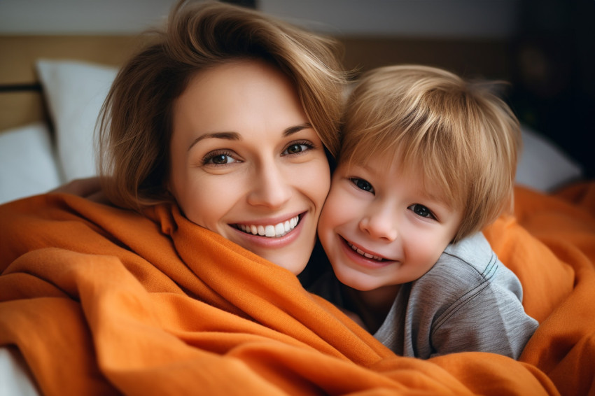 A picture of a mother and her son cuddling under an orange blank A picture of a mother and her son cuddling under an orange blank