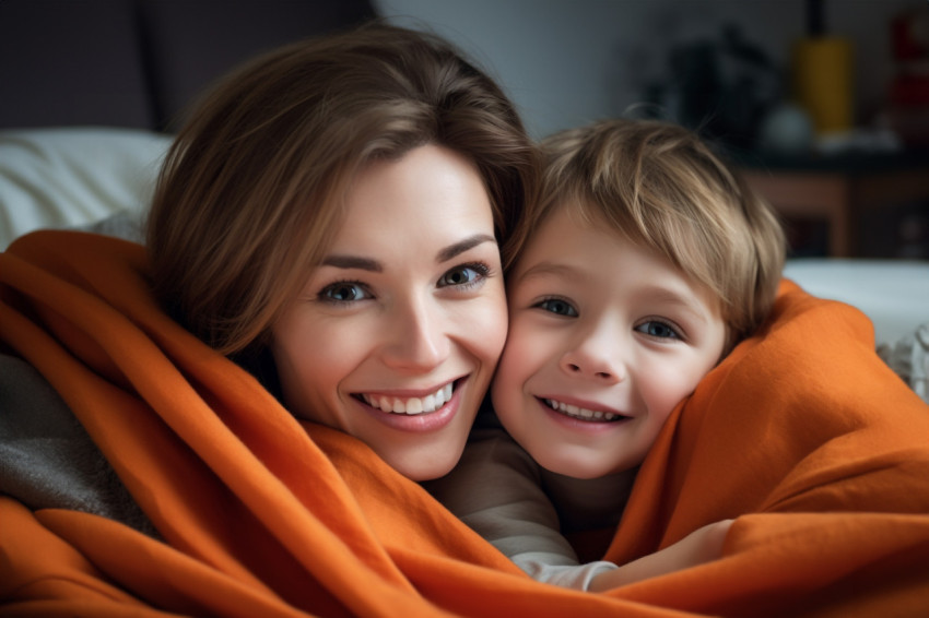A picture of a mother and her son cuddling under an orange blank A picture of a mother and her son cuddling under an orange blank