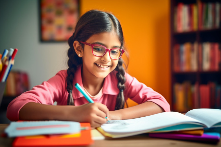 A photo of a young Hispanic Indian girl sitting at a school desk
