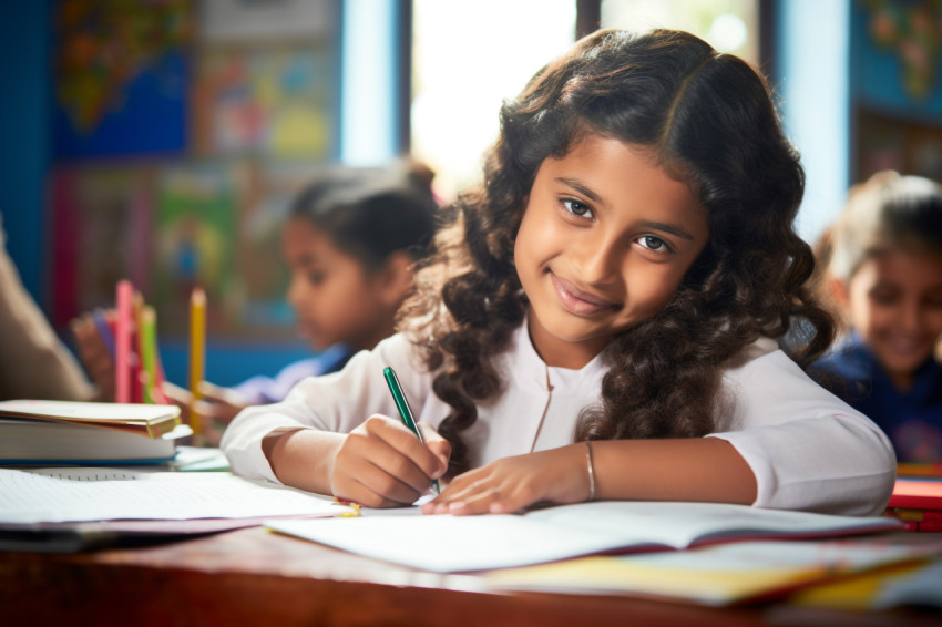 A photo of a young Hispanic Indian girl sitting at a school desk