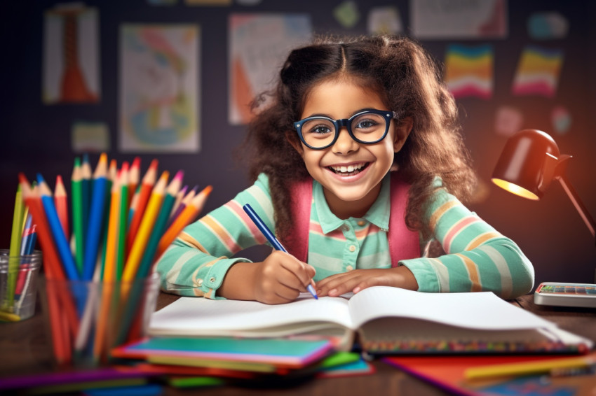 A photo of a young Hispanic Indian girl sitting at a school desk