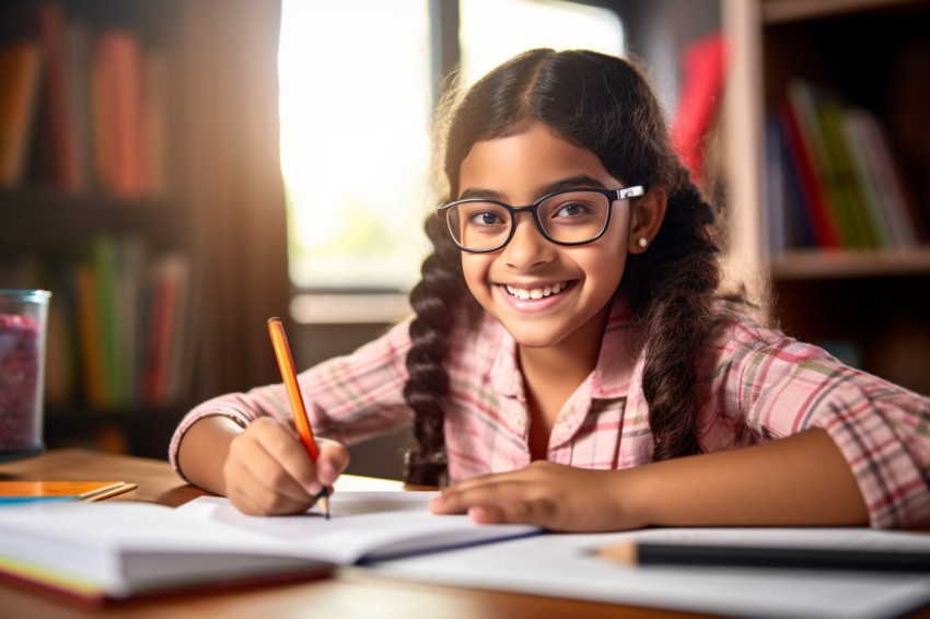 A photo of a young Hispanic Indian girl sitting at a school desk