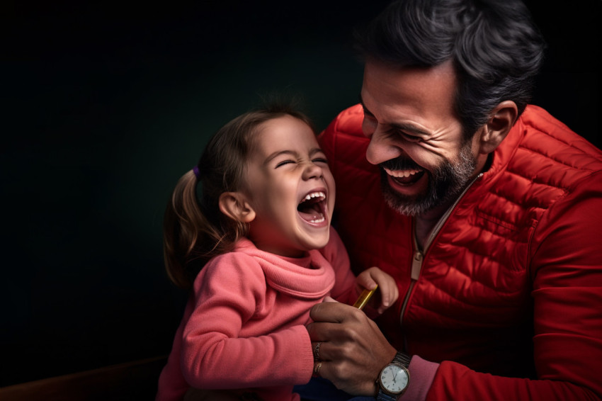 A picture of a dad making his little girl laugh by tickling her