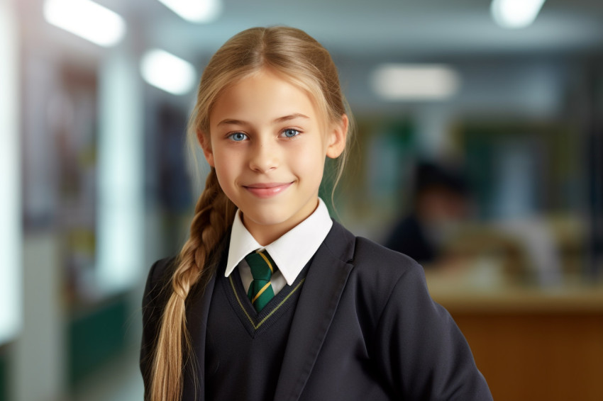 Picture of a smiling school girl standing in her school Picture of a smiling school girl standing in her school