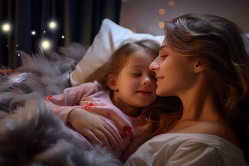 A picture of a mother tucking in her daughter and giving her a g A picture of a mother tucking in her daughter and giving her a g