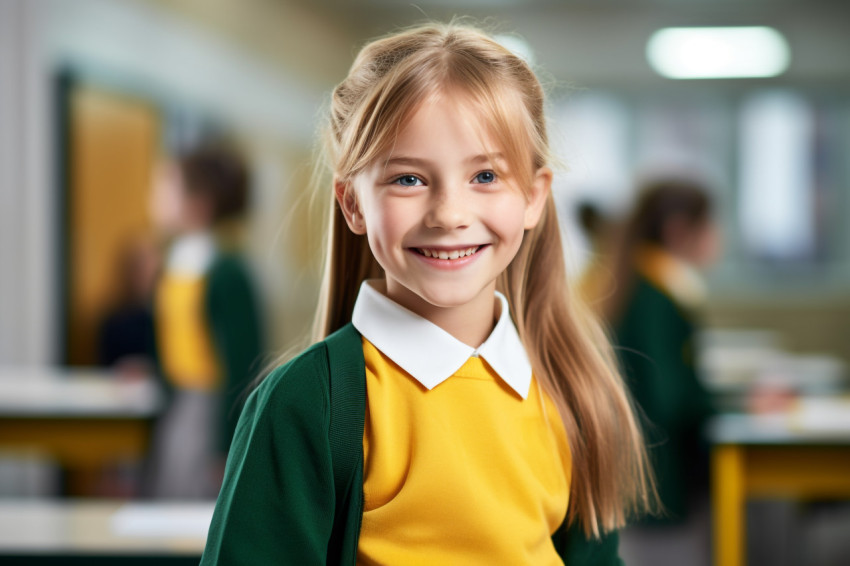 Picture of a smiling school girl standing in her school Picture of a smiling school girl standing in her school