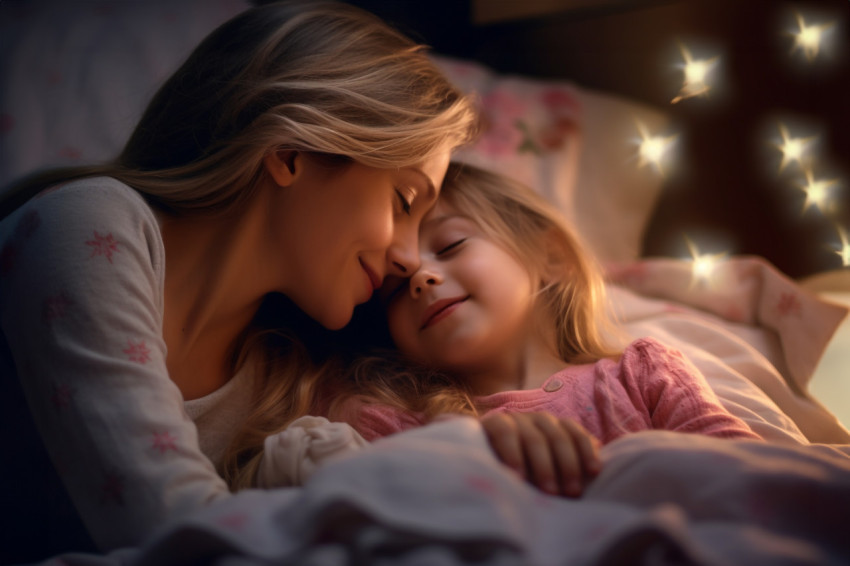 A picture of a mother tucking in her daughter and giving her a g A picture of a mother tucking in her daughter and giving her a g