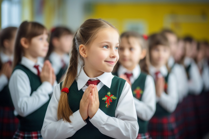 A photo of a young school girl in uniform clapping or applauding A photo of a young school girl in uniform clapping or applauding