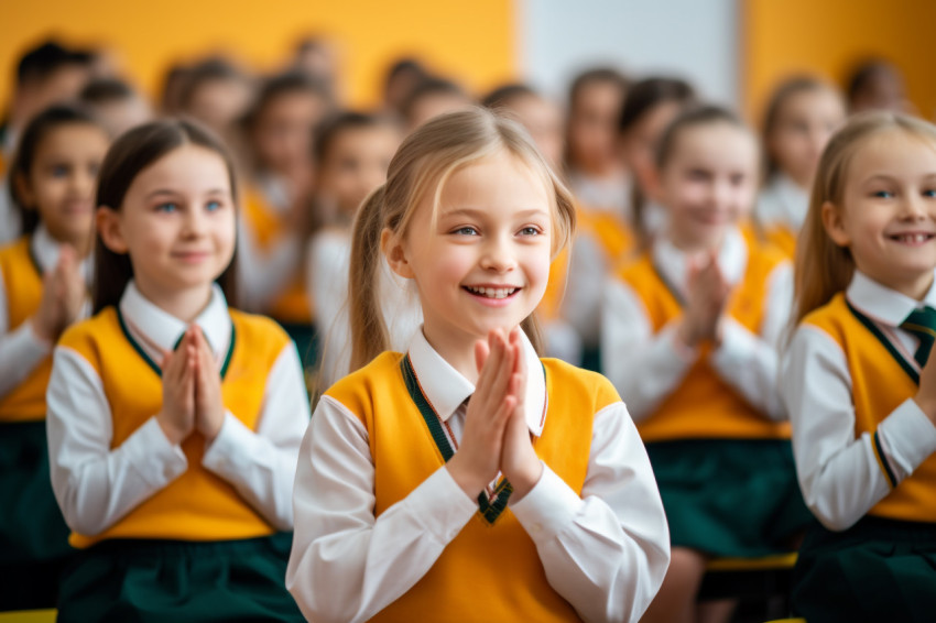A photo of a young school girl in uniform clapping or applauding A photo of a young school girl in uniform clapping or applauding