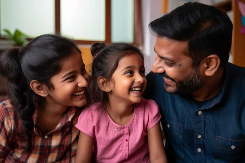 A picture of a happy Indian family with a little girl using a la A picture of a happy Indian family with a little girl using a la