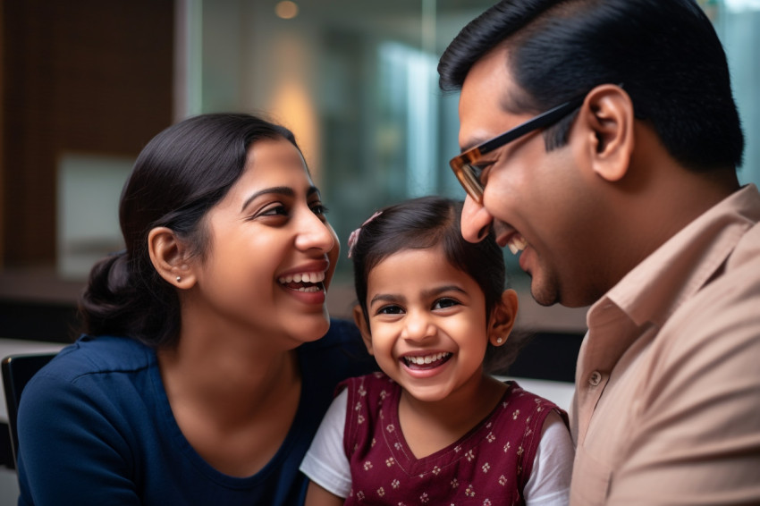 A picture of a happy Indian family with a little girl using a la A picture of a happy Indian family with a little girl using a la
