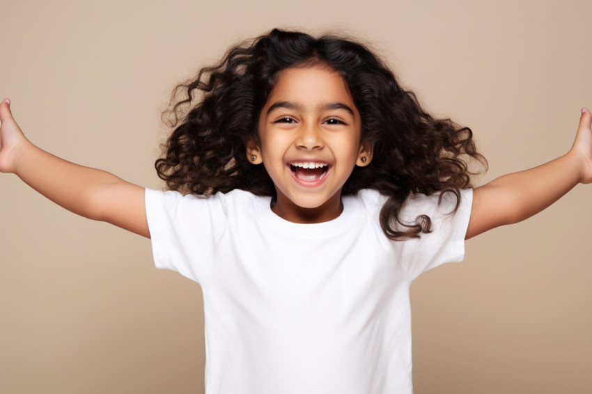 A photo of a happy little Indian girl in a white t shirt standin A photo of a happy little Indian girl in a white t shirt standin