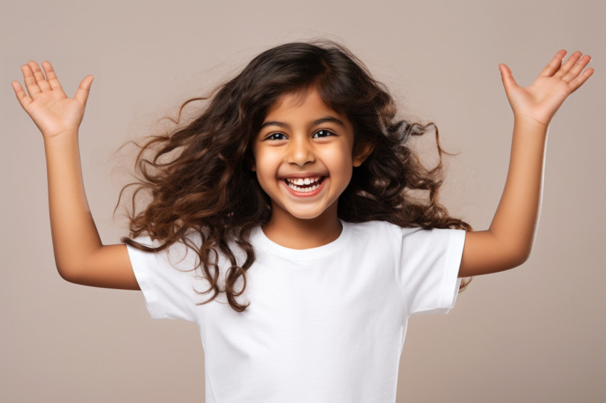 A photo of a happy little Indian girl in a white t shirt standin A photo of a happy little Indian girl in a white t shirt standin