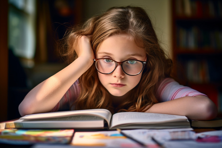 A picture of a girl studying at home in the living room A picture of a girl studying at home in the living room