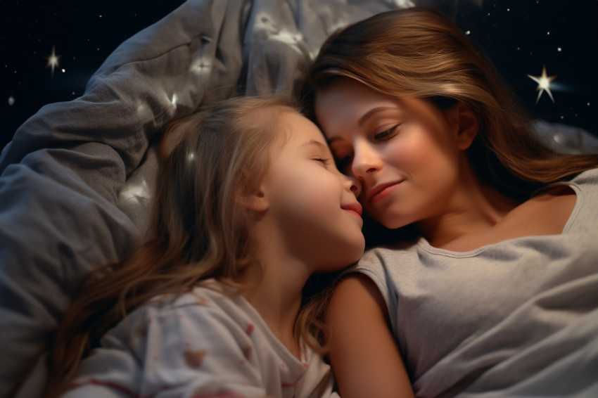 A picture of a mother tucking in her daughter and giving her a g A picture of a mother tucking in her daughter and giving her a g