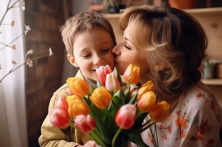 A photo of a loving son kissing his happy mother and giving her A photo of a loving son kissing his happy mother and giving her