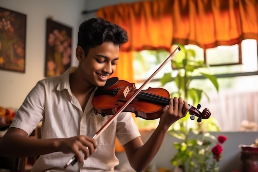 A photo of a happy Indian teenage boy playing the violin in his A photo of a happy Indian teenage boy playing the violin in his