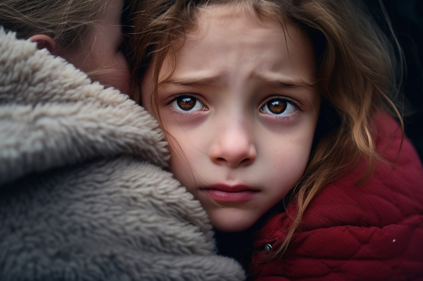 A close up photo of a sad little girl cuddling her mother The gi A close up photo of a sad little girl cuddling her mother The gi