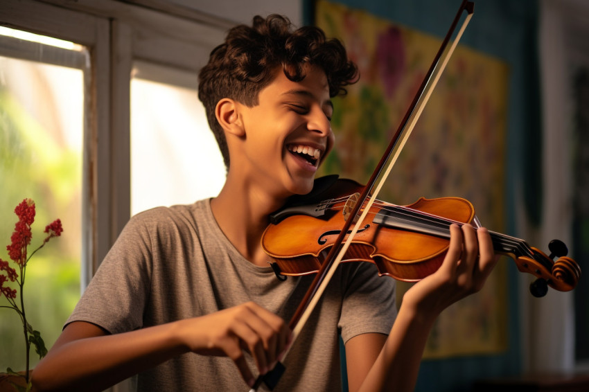 A photo of a happy Indian teenage boy playing the violin in his A photo of a happy Indian teenage boy playing the violin in his