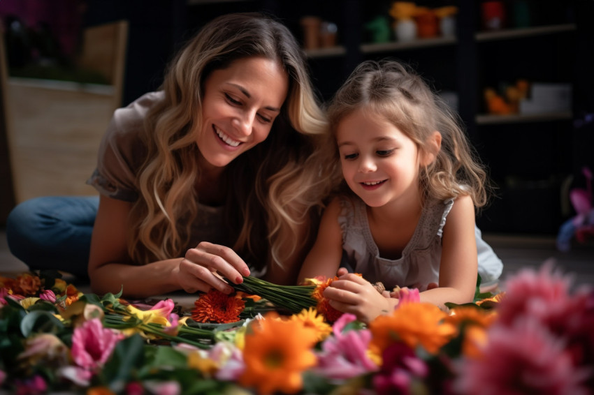 Picture of a young mom and her daughter caring for flowers while Picture of a young mom and her daughter caring for flowers while
