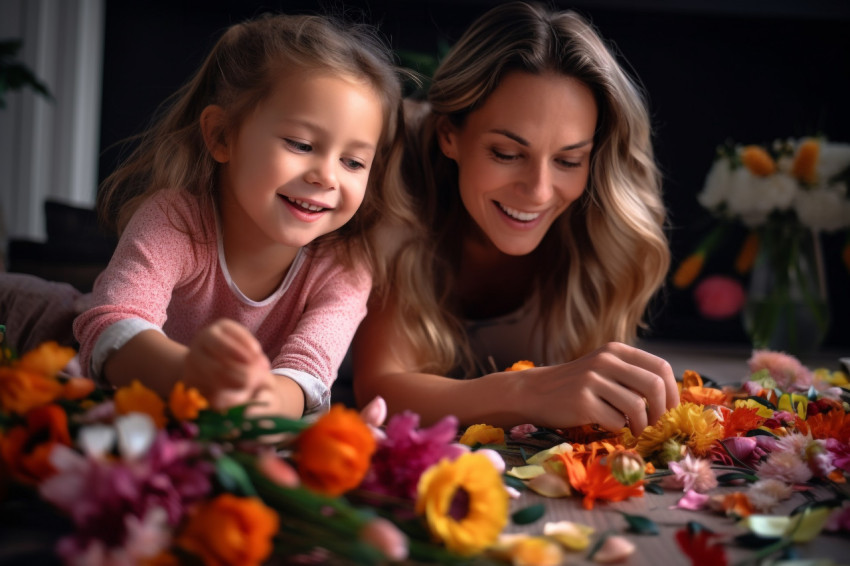Picture of a young mom and her daughter caring for flowers while Picture of a young mom and her daughter caring for flowers while