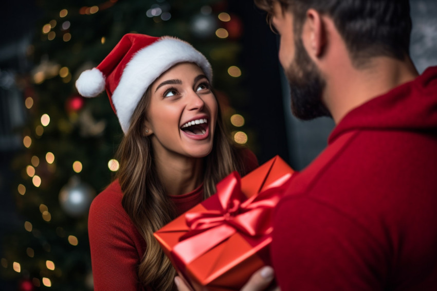 A close up photo of a man giving his girlfriend a Christmas gift A close up photo of a man giving his girlfriend a Christmas gift